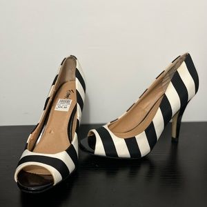 Black and white stripe open toe high heel pumps